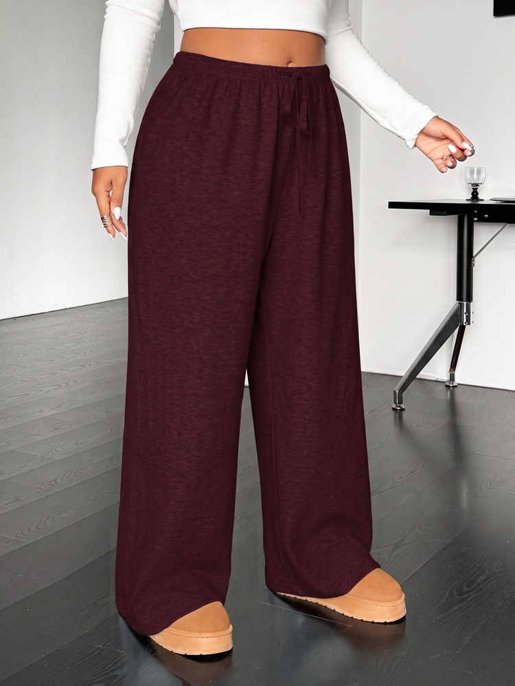 SHEIN EZwear Plus Size Casual Soft Drawstring Waist Loose Straight Leg Knit Pants Autumn Gym Formal Gray - Burgundy - View 5