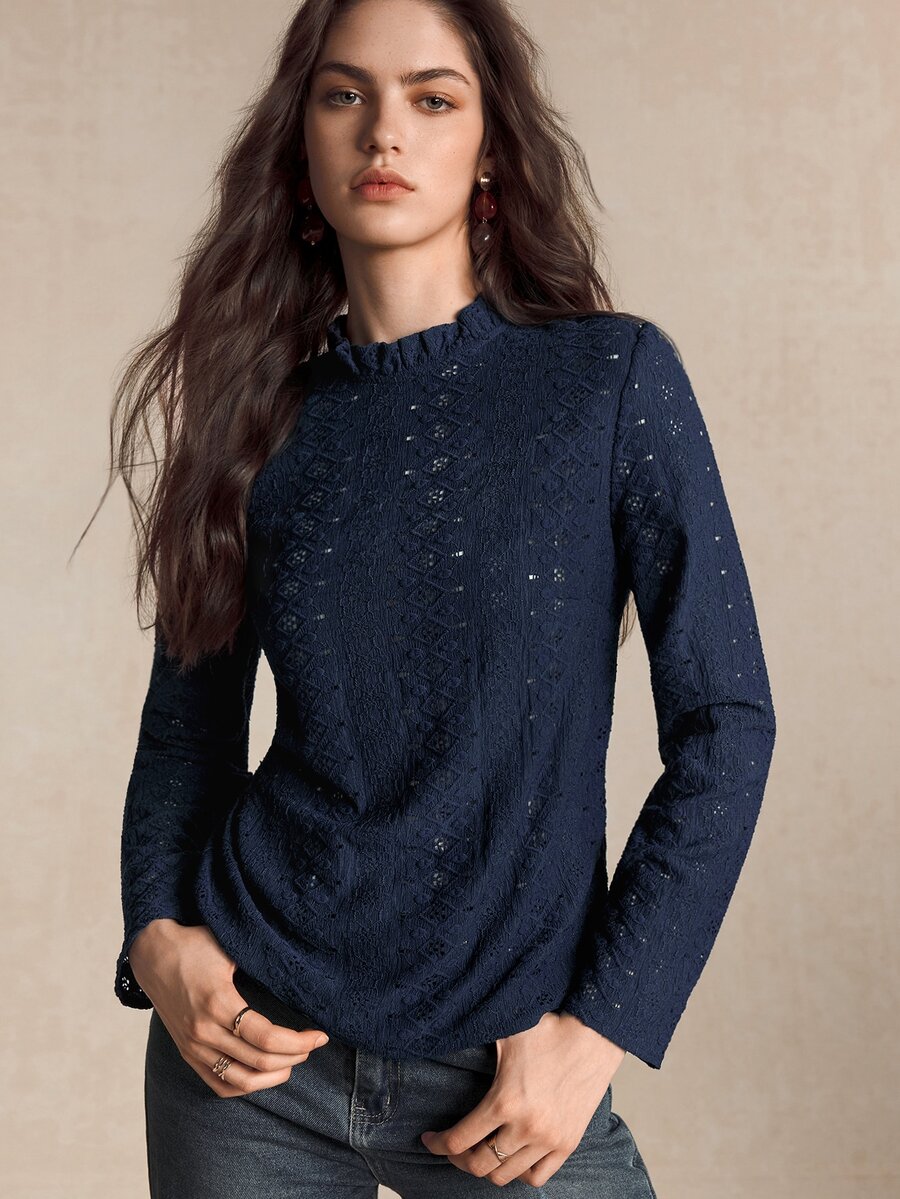 BizChic Women's Solid Color Casual Versatile Long Sleeve Top For Daily Wear - Navy Blue - View 1