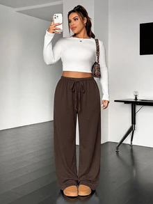 SHEIN EZwear 大尺碼休閒抽繩腰鬆身直筒針織長褲 秋季 - 巧克力棕 - 查看 5