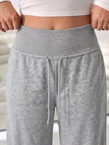 Solflare Light Gray Plus Size Women's Solid Color Drawstring High Waist Wide Leg Casual Sports Pants - Soft And Comfortable, Suitable For Fitness, Work, Home And Sports In Autumn/Winter - Light Grey - View 4