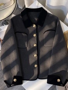 SHEIN Franclia 2026新款女款短款雙面大衣 歐美風撞色翻領單排扣優雅秋季法式灰色 - 深灰色 - 查看 1