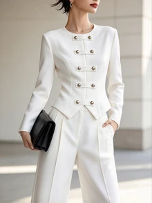 SHEIN Women's Double-Breasted Long Sleeve Top And Pants Casual Daily 2 Pieces Set - White - View 7