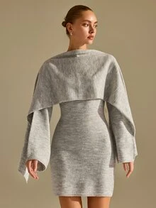 CLARA VERO Scarf Detail Knit Mini Dress, Slim Fit, Art Event Or Autumn Street, Crew Neck, Detachable Scarf - Light Grey - View 4