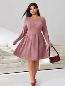Solflare Plus Size Casual Versatile Solid Color Dress Fall - Dusty Pink - View 5