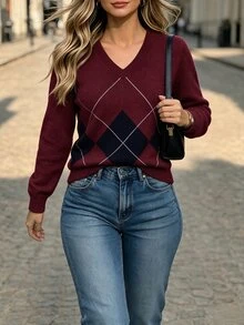SHEIN PariChic 女款菱格紋V領長袖休閒針織衫 - 彩色 - 查看 3