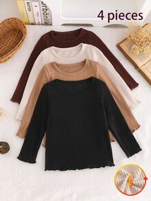 4pcs/Set Girls Casual Fuzzy Ribbed Crew Neck Long Sleeve Soft Base Layer - Multicolor - View 4