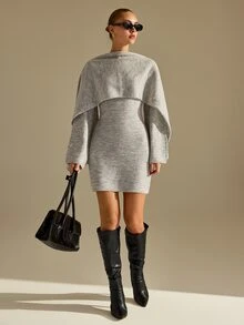 CLARA VERO Scarf Detail Knit Mini Dress, Slim Fit, Art Event Or Autumn Street, Crew Neck, Detachable Scarf - Light Grey - View 6