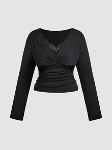 SHEIN MOD Plus Size Women's Lace Patchwork Pleated Casual Daily T-Shirt - Black - View 2