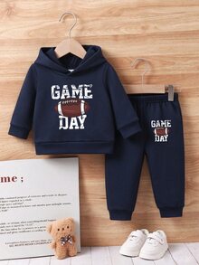 2pcs Baby Boys' Football Letter Print Hooded Sweatshirt And Pants Set, Spring/Fall - Black - View 3