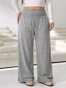 Solflare Light Gray Plus Size Women's Solid Color Drawstring High Waist Wide Leg Casual Sports Pants - Soft And Comfortable, Suitable For Fitness, Work, Home And Sports In Autumn/Winter - Light Grey - View 6
