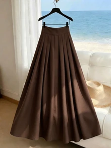 SHEIN Franclia تنورة نسائية بلون موحد مطوية للاستخدام اليومي العادي - بني - مشاهدة 2