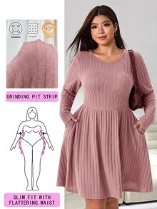 Solflare Plus Size Casual Versatile Solid Color Dress Fall - Dusty Pink - View 1