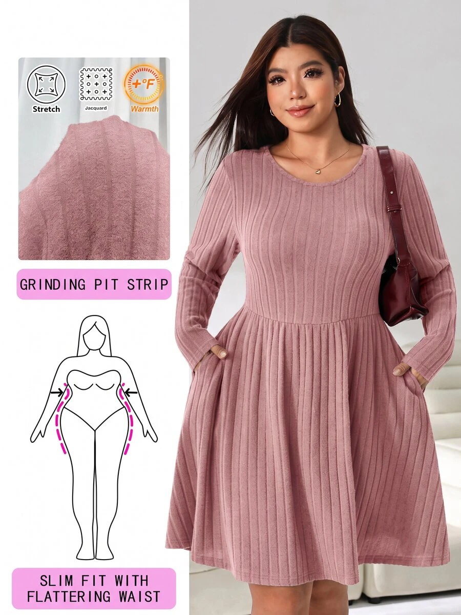 Solflare Plus Size Casual Versatile Solid Color Dress Fall - Dusty Pink - View 1