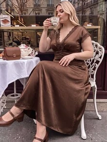 SHEIN MOD Plus Size Women V-Neck Lace Patchwork Casual Party Dress - Brown - View 5