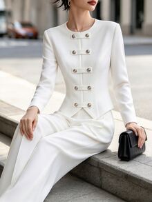 SHEIN Women's Double-Breasted Long Sleeve Top And Pants Casual Daily 2 Pieces Set - White - View 5