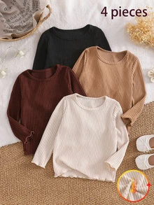 4pcs/Set Girls Casual Fuzzy Ribbed Crew Neck Long Sleeve Soft Base Layer - Multicolor - View 2