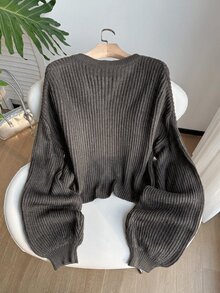 SHEIN EZwear 大尺碼休閒傳統寬鬆純色鈕扣開襟羅紋針織開襟衫，秋冬正式畢業度假棕色 - 深灰色 - 查看 2