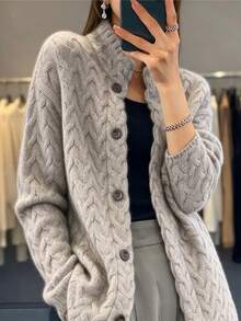 SHEIN Franclia Cardigan Rajut Wanita Model Baru Warna Polos Gaya Vintage Serbaguna dengan Bukaan Depan, Potongan Longgar, dan Kerah Tegak yang Melangsingkan - Grey - View 5