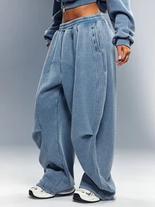 Denimoi Washed Studded Wide Leg Sweatpants Fashionable Streetwear Lounge Wear Airport Outfit Cool Girl - Blue - View 4