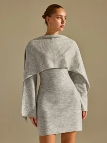 CLARA VERO Scarf Detail Knit Mini Dress, Slim Fit, Art Event Or Autumn Street, Crew Neck, Detachable Scarf - Light Grey - View 3