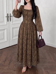 Celisse Women's Vintage Fashion Leopard Print Animal Pattern Square Neck Long Sleeve A-Line Waist-Cinched Slimming Dress For Party And Outing - Multicolor - View 5