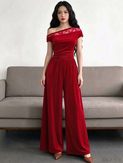 Bộ jumpsuit nữ teen màu đỏ vai bất đối xứng, quần dài nhung, trang phục thường ngày mới cho mùa thu/đông