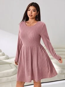 Solflare Plus Size Casual Versatile Solid Color Dress Fall - Dusty Pink - View 4