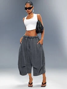 Denimoi Washed Cropped Sweatpants Fashion Bottoms Sweat Jorts Casual Streetwear Cozy Fall Winter - Grey - View 3