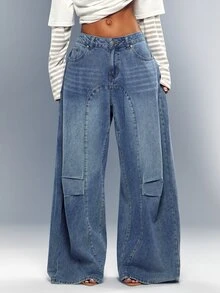 Denimoi Paneled Barrel Jeans Washed Fashion Jeans Fashionable Streetwear Cool Girl Outfits Concert - Medium Wash - View 3