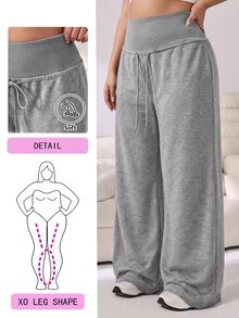 Solflare Light Gray Plus Size Women's Solid Color Drawstring High Waist Wide Leg Casual Sports Pants - Soft And Comfortable, Suitable For Fitness, Work, Home And Sports In Autumn/Winter - Light Grey - View 1