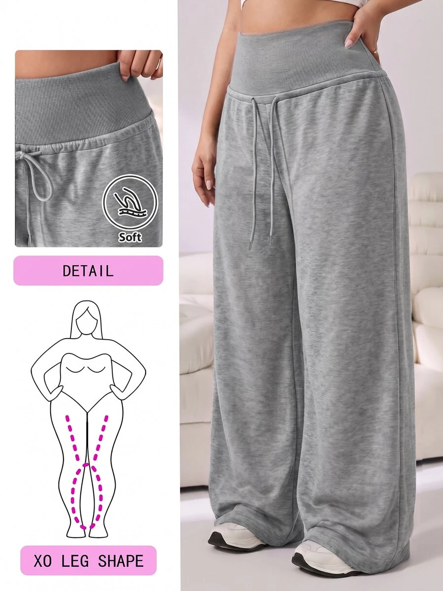 Solflare Light Gray Plus Size Women's Solid Color Drawstring High Waist Wide Leg Casual Sports Pants - Soft And Comfortable, Suitable For Fitness, Work, Home And Sports In Autumn/Winter - Light Grey - View 1