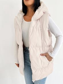 SHEIN Plus Size Zip Up Hooded Casual Puffer Vest Coat - Beige - View 4