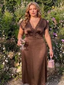 SHEIN MOD Plus Size Women V-Neck Lace Patchwork Casual Party Dress - Brown - View 4