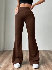 SHEIN EZwear 大尺碼女款高腰針織喇叭褲，修身顯瘦，咖啡棕秋季風格 - 咖啡棕 - 查看 6
