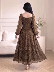 Celisse Women's Vintage Fashion Leopard Print Animal Pattern Square Neck Long Sleeve A-Line Waist-Cinched Slimming Dress For Party And Outing - Multicolor - View 2