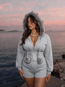 SHEIN MOD Plus Size Women's Plush Patchwork Casual Everyday Hooded Sweatshirt - Grey - View 9
