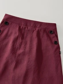 GlowEve 女款純色高腰鈕扣設計口袋休閒裙 - 酒紅色 - 查看 5
