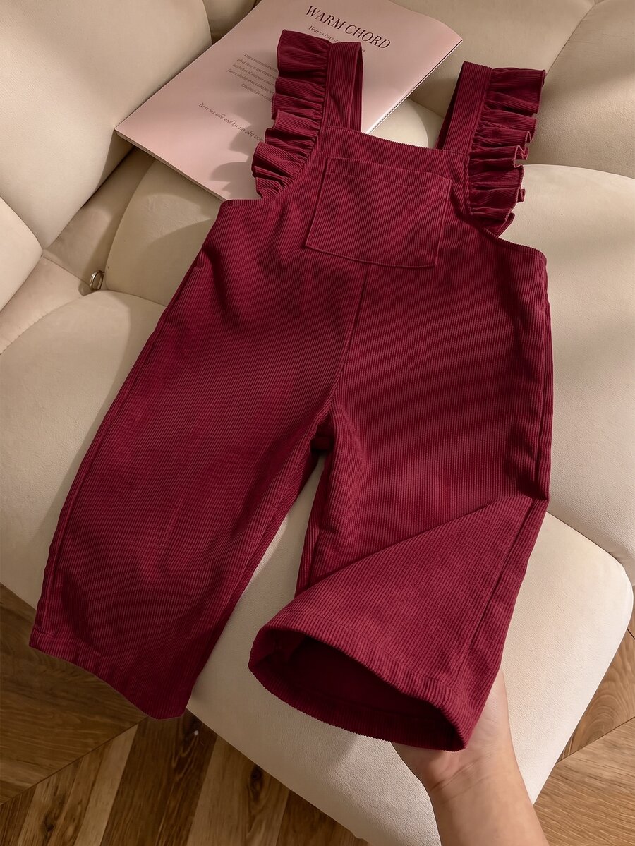 SHEIN Elladie kids Girls' Corduroy Ruffle Trim Overall Pants, Solid Color Wide Leg Straight Leg Jumpsuit For Autumn/Winter - Red - View 1