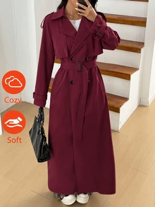 SHEIN EZwear 大尺碼女款純色翻領長袖雙排扣長版風衣外套 春秋辦公室黑色商務休閒優雅 - 酒紅色 - 查看 1