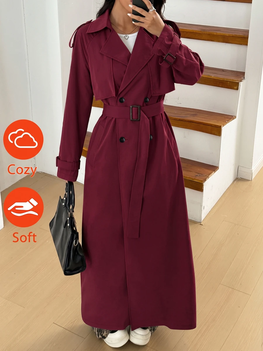 SHEIN EZwear 大尺碼女款純色翻領長袖雙排扣長版風衣外套 春秋辦公室黑色商務休閒優雅 - 酒紅色 - 查看 1
