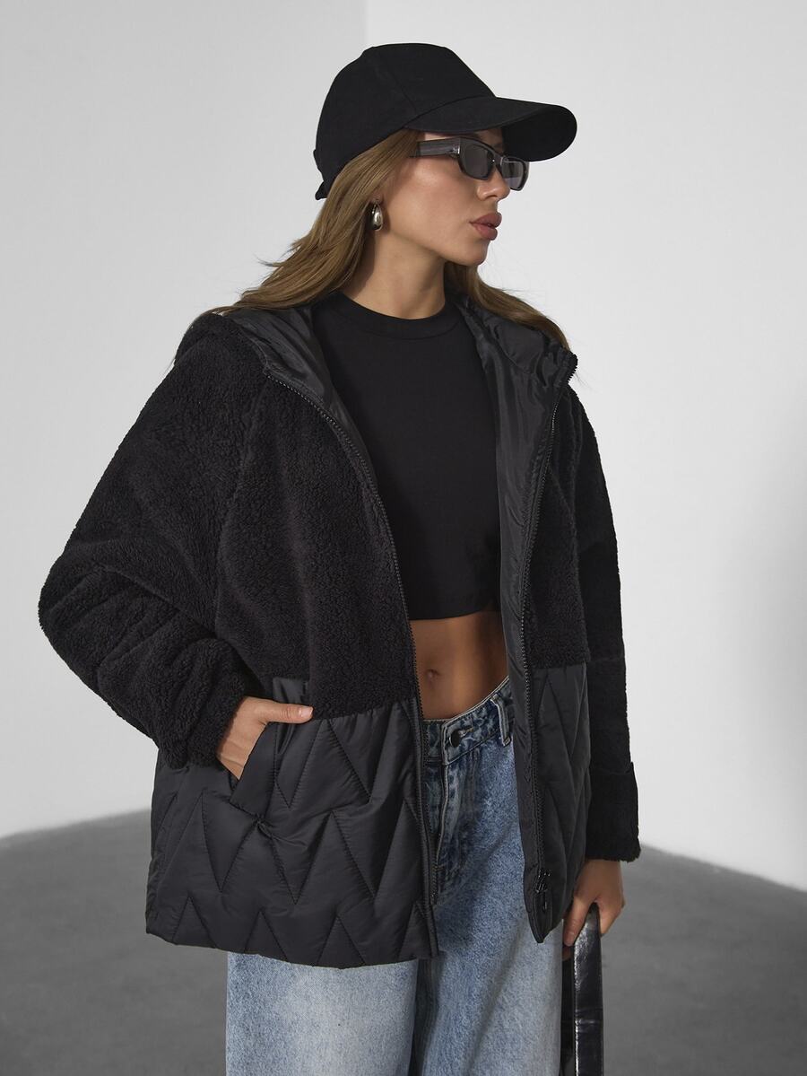 SHEIN معطف شتوي كاجوال للنساء ذوات المقاسات الكبيرة، نصف من الصوف القطبي ونصف مبطن، جودة عالية، لون موحد - الأسود - مشاهدة 1
