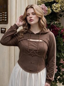SHEIN MOD Plus Size Women's Brown Napoleon Buttons Faux Two-Piece Sweatshirt Colorblock Casual Everyday Sweatshirt Festival Concert Fall/Winter - Brown - View 4