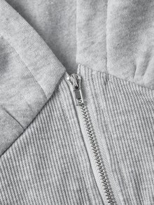 SHEIN MOD Plus Size Women's Plush Patchwork Casual Everyday Hooded Sweatshirt - Grey - View 4