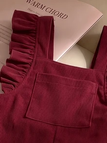 SHEIN Elladie kids 女童燈芯絨荷葉邊裝飾吊帶褲，純色寬腿直筒連身褲，適合秋冬 - 紅色 - 查看 3