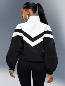 Denimoi Kort nylonjacka med färgblock, dragkedja fram och hög krage, moderiktig streetwear för avslappnad stil i kallt väder - Svart och Vitt - Visa 3