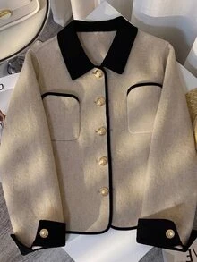 SHEIN Franclia 2026新款女款短款雙面大衣，歐美風對比色翻領，單排金屬鈕扣雙口袋設計，優雅通勤修身羊毛，秋冬法式復古百搭 - 咖啡棕 - 查看 1