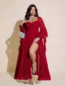 Viva Relle Plus Size Women's Ruched Bust Flowy Hem Long Dress With Ruffle Trim, Suitable For Dating, Cocktail Party, Party And Other Occasions Fall - Red - View 3