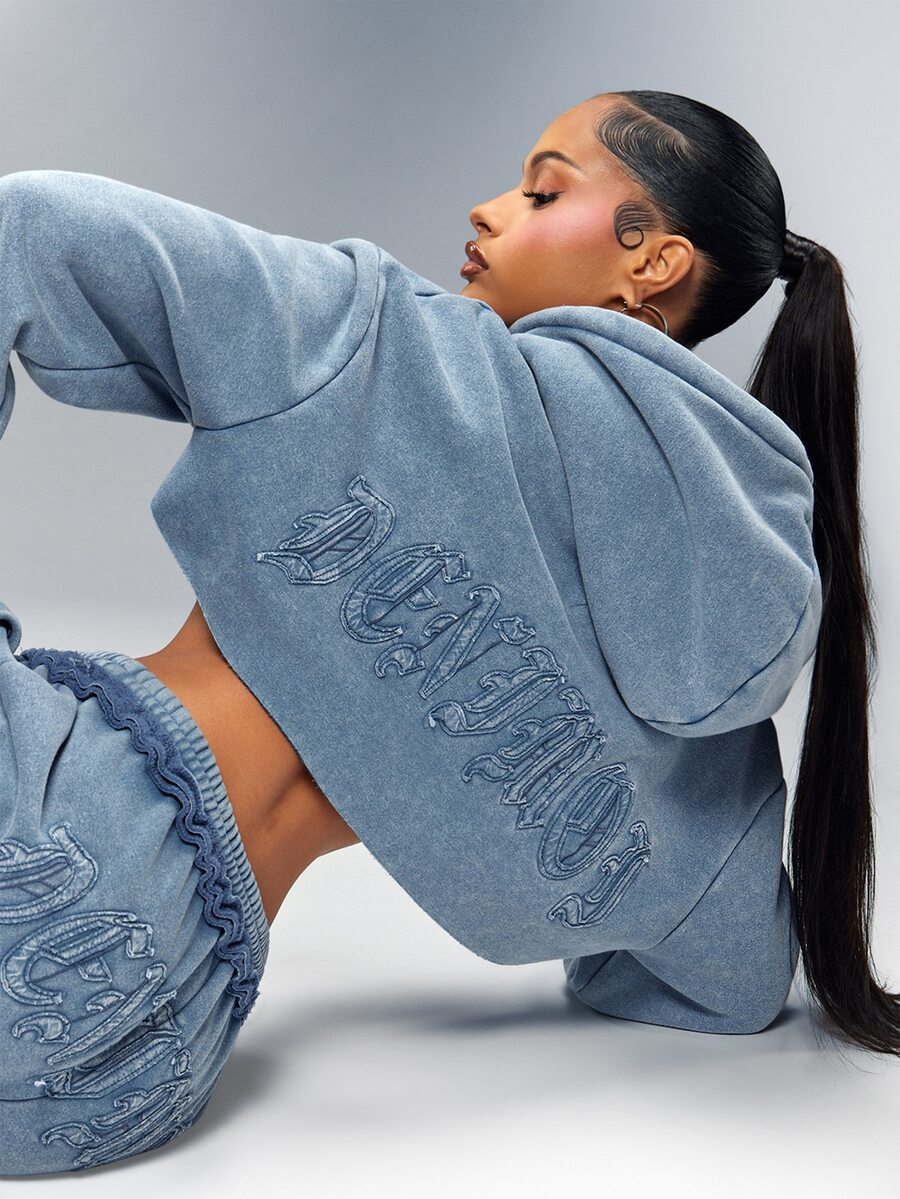 Cropped Raw Edge Zip Front Hoodie With Denimoi Patch Washed Fashionable Streetwear Lounge - Blue - View 1