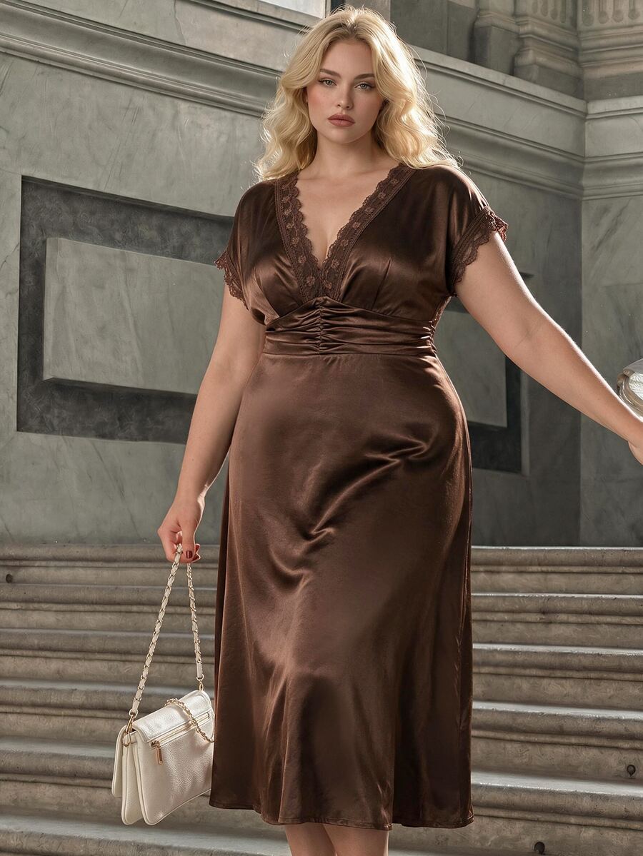 SHEIN MOD Plus Size Women V-Neck Lace Patchwork Casual Party Dress - Brown - View 1