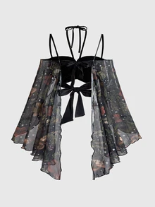 ROMWE Y2K Vacation Beach Goth Butterfly Shape Patchwork Flare Sleeve Cropped Top - Black - View 2